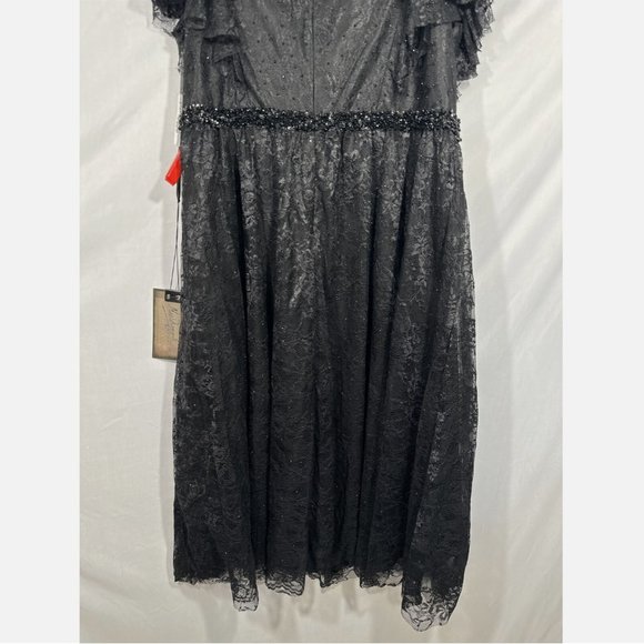 NWT Mac Duggal‎ [ 22W ] Lace Short Sleeve V-Neck Cocktail Midi Dress Black - Picture 10 of 15